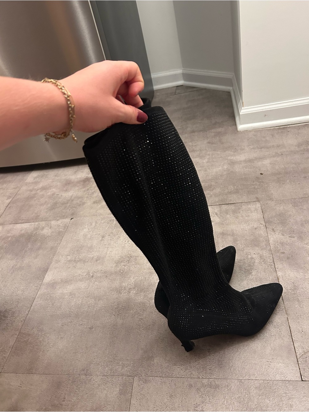 Black Rhinestone Knee-High Pointed-Toe Heeled Boots - Women